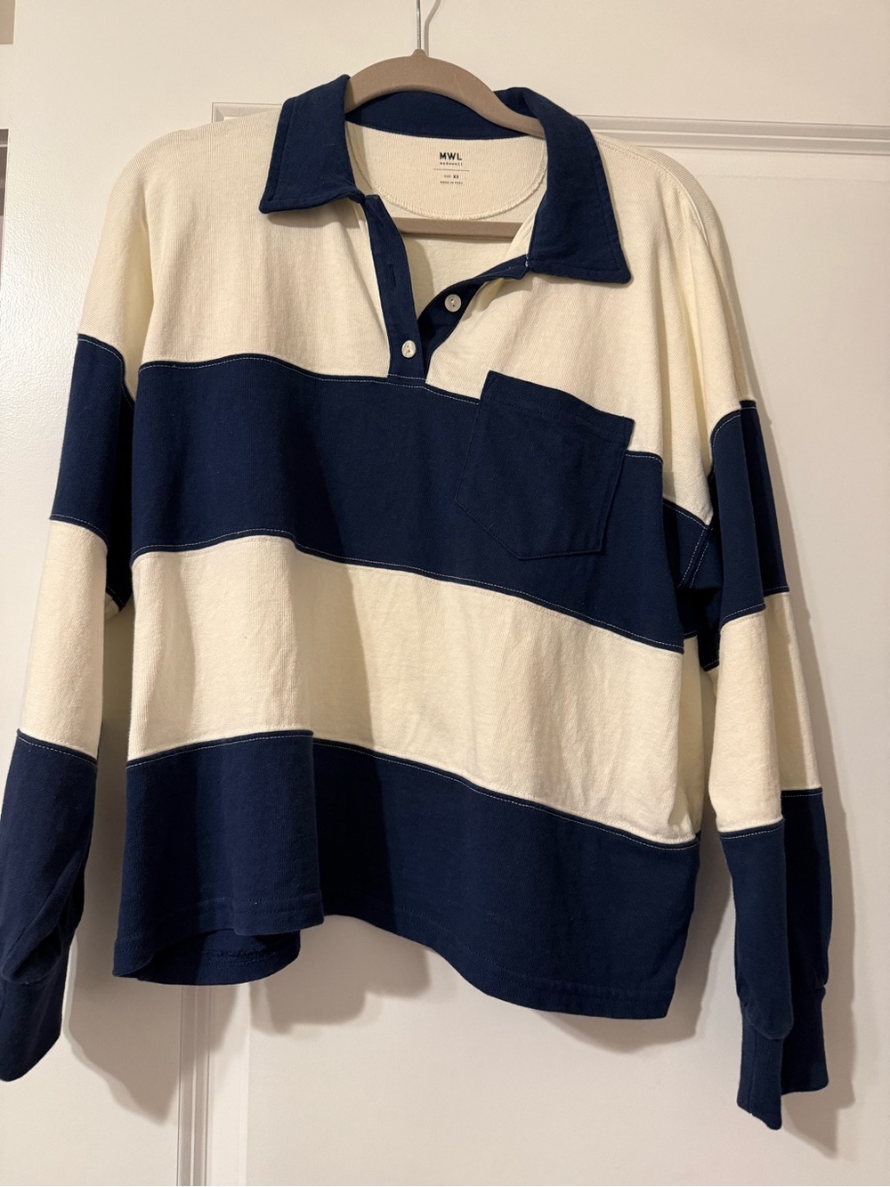 Madewell Navy and Cream Striped Rugby Polo